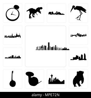 Satz von 13 Einfache editierbare Ikonen wie Florida, Dachs, Seattle Skyline auf weißem Hintergrund,, Horn, Banjo, Long Island, South Carolina, kansa Stock Vektor