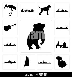 Satz von 13 Einfache editierbare Ikonen wie Dachs, Horn, Florida, Maler Staffelei, Kansas City Skyline, Long Island, Skyline von Chicago für verwendet werden kann. Stock Vektor