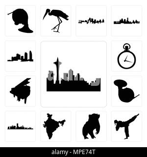 Satz von 13 Einfache editierbare Ikonen wie Seattle Skyline auf weißem Hintergrund,, Karate Kick, der Dachs, der Indien Karte, Florida, Horn, Grand Piano, Pock Stock Vektor