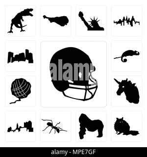 Satz von 13 Einfache editierbare Symbole wie Fußball, Helm, Waschbär, Gorilla, Ant, Ohio, Einhorn Kopf, Garn Kugel, Chamäleon, Minnesota können für Mo verwendet werden. Stock Vektor