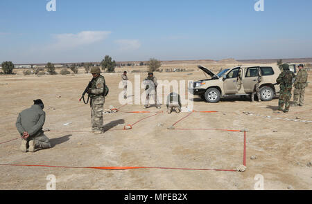 Die irakischen Sicherheitskräfte Soldaten verhalten checkpoint Ausbildung bei Al Asad Air Base, Irak, Feb 7, 2017. Ausbildung auf den Aufbau der Kapazitäten Websites ist ein integraler Bestandteil der Combined Joint Task Force - Betrieb die Lösung der Aufwand ISF, um Mitarbeiter zu schulen. CJTF-OIR ist die globale Koalition zu besiegen ISIL im Irak und in Syrien. (U.S. Armee Foto von Sgt. Lisa Soja) Stockfoto