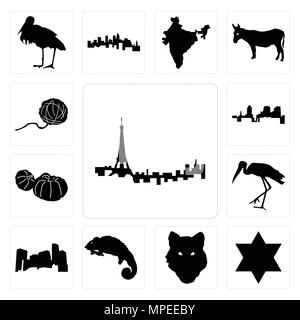 Satz von 13 Einfache editierbare Ikonen wie Paris Skyline, David Stern, Wolf Gesicht Umrisse auf weißem Hintergrund, Chamäleon, Minnesota, Storch, Kürbis,, y Stock Vektor