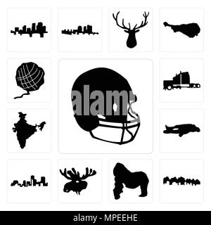 Satz von 13 Einfache editierbare Symbole wie Fußball, Helm, Utah, Gorilla, Elche, Louisiana Umrisse auf weißem Hintergrund, Kreide, Indien, Semi Truck, y Stock Vektor