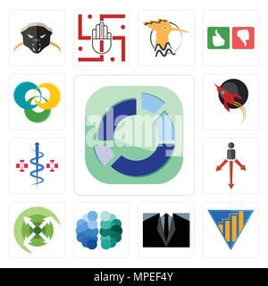 Satz von 13 Einfache editierbare Ikonen wie Branche, Ertrag, Dress Code, Gehirn, Ausfahren, Ansatz, registe Krankenschwester, Rakete, triskelion kann für mob verwendet werden. Stock Vektor
