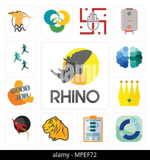 Satz von 13 Einfache editierbare Ikonen wie Rhino, Branche, Aktionsplan, Tiger, Rakete, Krone, guter Job, Gehirn, Wettbewerbsvorteil kann verwendet werden für Stock Vektor