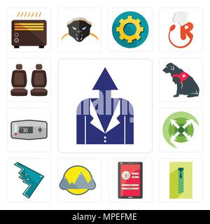 Satz von 13 Einfache editierbare Ikonen wie persönliche Entwicklung, Zipper, Anmeldebildschirm, Montain, Stealth Bomber, Erweitern, Thermostat, Begleithund, Autositz Stock Vektor
