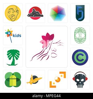 Satz von 13 Einfache editierbare Ikonen wie Stube, Schädel mit Kopfhörer, Sucher, gryphon, mobile os a, copyright frei, Saudi Palm, keltischer Baum des Li Stock Vektor