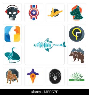 Satz von 13 Einfache editierbare Symbole wie Angeln Team, Agave, Ram, Reisen, Pit Bull, Bear, Reiher, qf, f für mobile verwendet werden können, Web-UI Stock Vektor