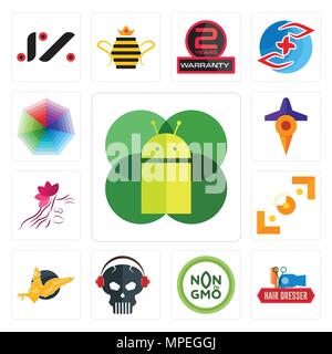 Satz von 13 Einfache editierbare Ikonen wie mobile os ein, Friseur, ohne Gentechnik, Schädel mit Kopfhörer, gryphon, Sucher, Salon, Spielraum, heptagon können b Stock Vektor