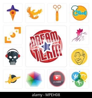 Satz von 13 Einfache editierbare Ikonen wie Dream Team, Swim bike Run, pinetree, heptagon, gryphon, Patel, Schädel mit Kopfhörer, Salon, Sucher kann b Stock Vektor
