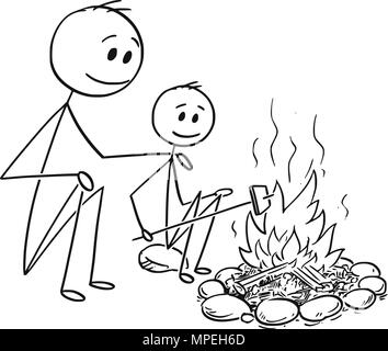 Cartoon von Vater und Sohn Sitzen um Feuer oder Lagerfeuer Stock Vektor