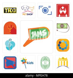 Satz von 13 Einfache editierbare Symbole wie MMS, banque, keltischer Baum des Lebens, Kinder Kanal, mobile leise, Teamgeist, Neurochirurgie, Geld-zurück-Garantie, Stock Vektor