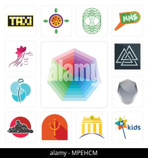 Satz von 13 Einfache editierbare Ikonen wie Heptagon, Kinder Kanal, banque, Psi, Kart, Schild, Neurochirurgie, valknut, Salon für mobile, Web verwendet werden. Stock Vektor