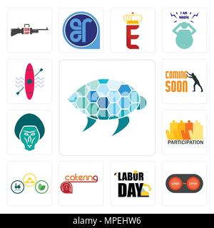 Satz von 13 Einfache editierbare Ikonen wie Sea Turtle, Konvertieren, Tag der Arbeit, Catering, Rohstoffe, Beteiligung, Pavian, bald, Kajak kann für Mobi verwendet werden. Stock Vektor