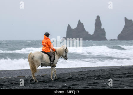 Seaside rock Spalten oder Meer Säcke, genannt Reynisdrangar ragen majestätisch aus dem Atlantik. Dyrhólaey eine 120 Meter hohe landspitze erstreckt sich bis in das Meer und bilden eine eindrucksvolle Natural Arch im westlichen Teil des Mýrdalur District. Island. Stockfoto