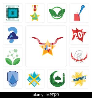 Satz von 13 Einfache editierbare Ikonen wie Texas Stern, oops, Masjid, gekreuzten Skiern, wasserdicht, Pirat, Antioxidationsmittel, 20% Rabatt, kratzen Kopf verwendet werden kann. Stock Vektor