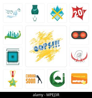 Satz von 13 Einfache editierbare Ikonen wie Oops, Rubbelkarten, Masjid, bald, Veteran, Pirat, Sem, Konvertieren, Stadt der Zukunft für mobile verwendet werden können, Web-UI Stock Vektor