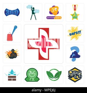 Satz von 13 Einfache editierbare Ikonen wie Bild von Kreuz, Kipper, Eco Club, Apotheke, wasserdicht, kratzen Kopf, Outlaw, oops, Store Locator Stock Vektor