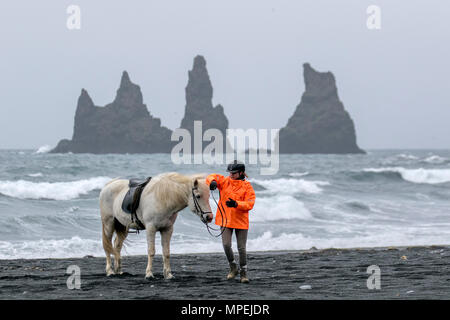 Seaside rock Spalten oder Meer Säcke, genannt Reynisdrangar ragen majestätisch aus dem Atlantik. Dyrhólaey eine 120 Meter hohe landspitze erstreckt sich bis in das Meer und bilden eine eindrucksvolle Natural Arch im westlichen Teil des Mýrdalur District. Island. Stockfoto