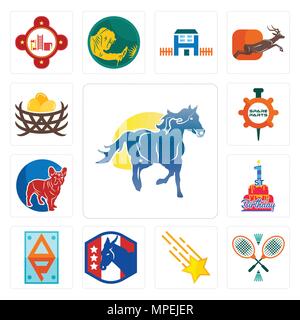 Satz von 13 Einfache editierbare Ikonen wie Mustang Maskottchen, Badminton, Shooting Stars, der Demokratischen Partei, ap, 1. Geburtstag, Französische Bulldogge, Ersatzteile, bi Stock Vektor