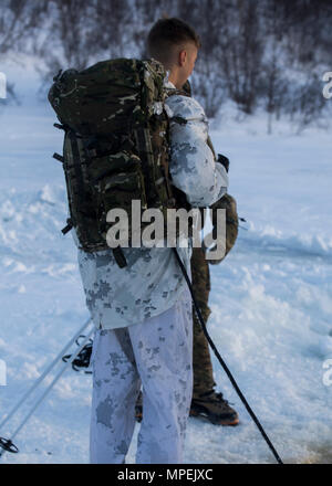 US-Marines von Combat Logistics Detachment führen Eisbrechübungen im norwegischen Porsangmoen im Rahmen von Kaltwettertrainings durch. Das dreiwöchige Programm, das von britischen Royal Marine Mountain Warfare Instruktoren geleitet wird, verbessert die Einsatzfähigkeit bei extremer Kälte. Zu den Aktivitäten gehören die Eisnavigation, der Betrieb von Fahrzeugen im Schnee, Überlebensfähigkeiten und die logistische Unterstützung in arktischem Gelände. Die Ausbildung ist Teil der Marine Rotational Force Europe 17.1 und legt den Schwerpunkt auf Teamarbeit, Sicherheit und Anpassungsfähigkeit im Winter. Stockfoto