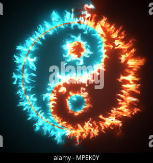 Yin und Yang Symbol auf Red und Blue Fire. Konzepte: die schlechten im Guten und das Gute im Schlechten im Leben, Gegensätze, dunkle Seite, gut und schlecht, schwarzen Hintergrund. Stockfoto