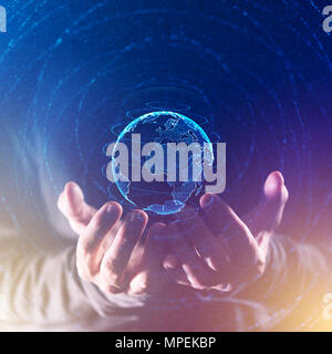 Global Business- und Kommunikationskonzept, vernetzte Welt in die Hände der Unternehmer, abstrakte Abbildung: Mixed Media Stockfoto