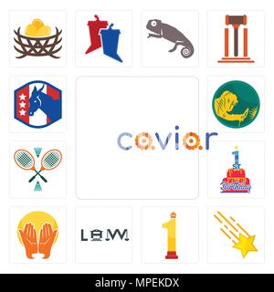Satz von 13 Einfache editierbare Ikonen wie Kaviar, Sternschnuppen, Nr. 1, Recht, Gebet, 1. Geburtstag, Badminton, Schweißer, demokratische Partei kann verwendet werden Stock Vektor