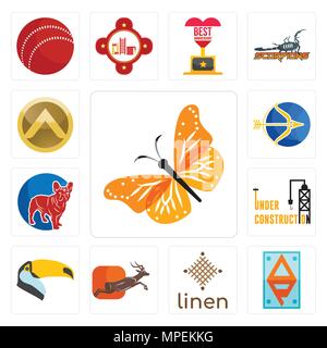 Satz von 13 Einfache editierbare Ikonen wie monarch butterfly, ap, Bettwäsche, Antilope, Toucan, im Bau, Französische Bulldogge, Schütze, Spartan shiel Stock Vektor