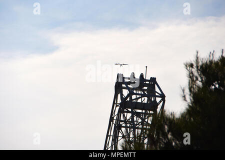 Offshore Bohrinsel in Trogir, Kroatien. Vogel über Fliegen. Long Shot. Low Angle View. Stockfoto