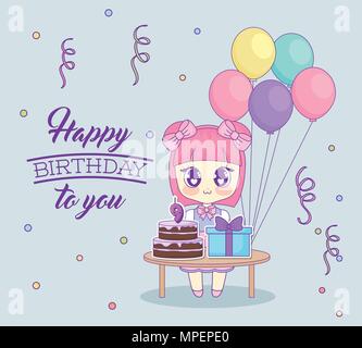 Happy birthday Design mit kawaii Anime Mädchen mit Tisch mit Kuchen und Geschenkboxen über Hintergrund, farbenfrohen Design. Vector Illustration Stock Vektor