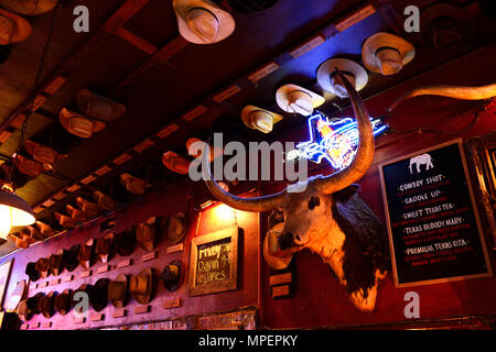 Wand mit ausgestopften Longhorn und vielen Cowboy Hüte in einer Bar, der weiße Elefant Limousine, Stockyards National Historic District Stockfoto