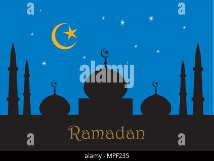 Ramadan Kareem gruss Abbildung mit Minarette und Moscheen in Silhouette gegen einen Nacht blauer Himmel mit Sternen Stock Vektor