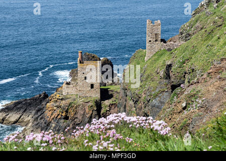 Die zerstörten Kronen Motor Häuser der Botallack Minen gesehen von der South West Coast Path, in der Nähe von St nur Botallack, Cornwall, UK. Stockfoto