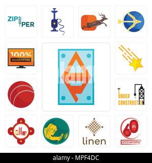 Satz von 13 Einfache editierbare Ikonen wie ap, 60. Jahrestag, Bettwäsche, Schweißer, Feuerwache, im Bau, Cricket ball, Shooting Stars, 100 guara Stock Vektor