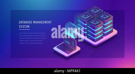 Übertragung der Daten an den Server. Datenfluss. Speichern von Daten. Server. Der digitale Raum. Data Center. Big Date. Prinzipdarstellung. Isometrische Vector Illustration. 3D Stock Vektor