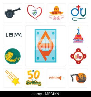 Satz von 13 Einfache editierbare Ikonen wie ap, Digger, Malerbetrieb, 50. Geburtstag, Sternschnuppen, Feuerwache, Schweißer, 1. Gesetz kann für mob verwendet werden. Stock Vektor