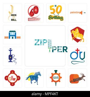 Satz von 13 Einfache editierbare Ikonen wie Reißverschluss, Antilope, Ersatzteile, mustang Maskottchen, Feuerwache, dr., Shisha, Ritter auf Pferd, h Haus können verwendet werden Stock Vektor