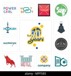 Satz von 13 Einfache editierbare Ikonen wie 70 Jahre, Rechenzentrum, kostenloses, hotel, Bull, Tiara, Badminton, Lokomotive, Shisha für mobile verwendet werden, die Web-UI Stock Vektor