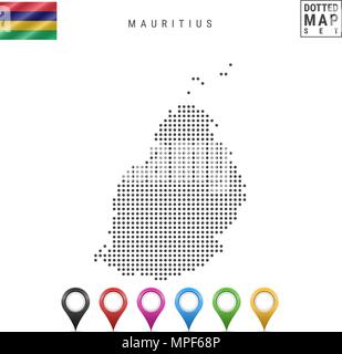 Vektor gepunktete Karte von Mauritius. Einfache Silhouette von Mauritius. Die Nationalflagge von Mauritius. Mehrfarbige Karte Markierungen Stock Vektor