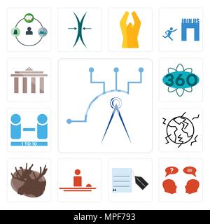 Satz von 13 Einfache editierbare Ikonen wie Telecom, Anfrage, ein Angebot anfordern, Gastfreundschaft, Elche, Erdbeben, die Anzahl der Spieler, 360 Grad, Gemeinde Stock Vektor