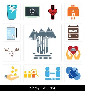 Satz von 13 Einfache editierbare Ikonen wie Wasserfall, Telecom, die Anzahl der Spieler, Berater, Kunden, Autohändler, Elche, Stromzähler, um Stock Vektor