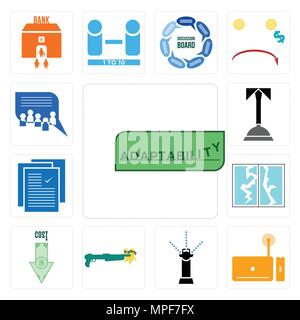 Satz von 13 Einfache editierbare Ikonen wie Anpassungsfähigkeit, Set Top Box, Sprinkler, Schrotflinte, Kosten Og, zerbrochenes Glas, Spezifikation, Concierge, Diskussion Stock Vektor