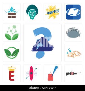 Satz von 13 Einfache editierbare Ikonen wie Kratzen Kopf, Gun Shop, Store Locator, Kajak, e Krone, carwash, Eco Club, Igel, Antioxidans kann verwendet werden Stock Vektor