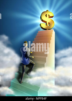 Geschäftsmann steigt einige Treppen zu einem riesigen Dollarzeichen. Digitale Illustration. Stockfoto