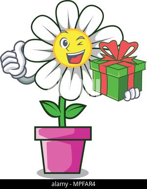 Mit Geschenk daisy flower Maskottchen Karikatur Stock Vektor