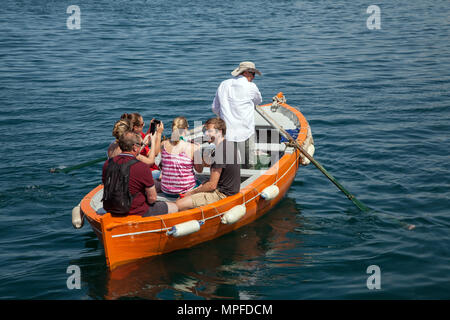 Fährmann rudern Touristen und Urlauber über die jazine Hafen in einem Ruderboot in die kroatische Hafenstadt Zadar Kroatien Stockfoto