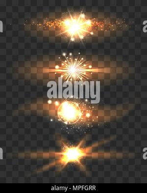 Goldene Sterne mit Glow Lichteffekte auf Transparenten Hintergrund. Vector Illustration. Stock Vektor