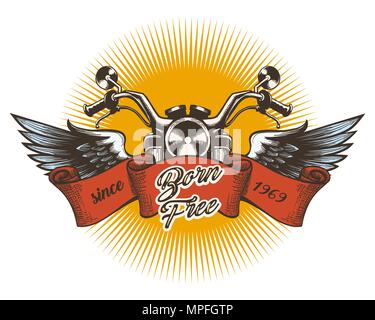 Biker Club farbenfrohen Emblem. Motorrad mit Flügeln und Formulierung von Geburt an frei. Vector Illustration. Stock Vektor