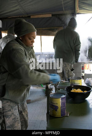 Staff Sgt. Mercedes Mc Coy-Garrett, Food Services Specialist, Memorial Angelegenheiten 512th Squadron, öffnet sich eine Dose Birnen im Wettbewerb um die 2017 John L. Hennessy Award in Dover Air Force Base, Del, 3. März 2017. Die hennessy Auszeichnung würdigt hervorragende Leistung bei foodservices über mehrere militärische Niederlassungen. (U.S. Air Force Foto/Renee M.Jackson) Stockfoto